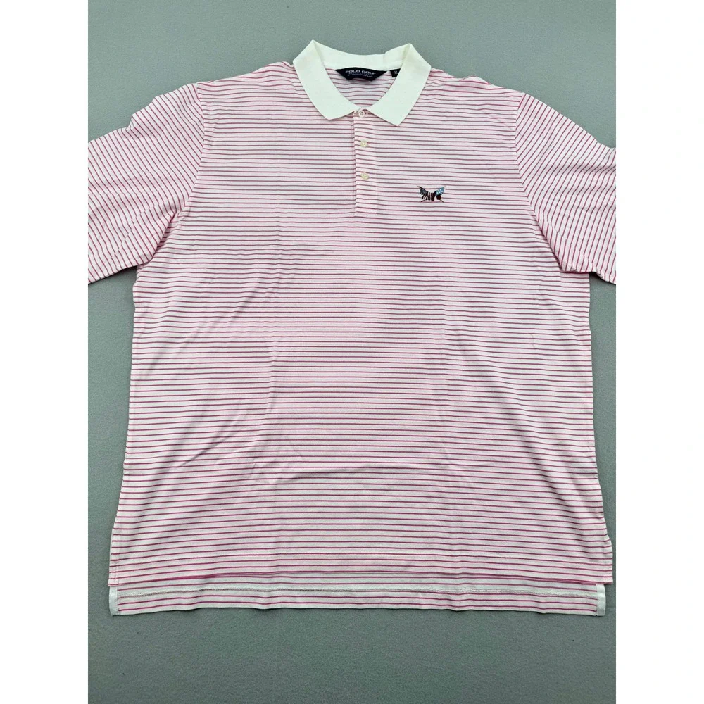 Polo Golf Ralph Lauren Mens XL Pink‎ Striped Short Sleeve Performance Polo Logo